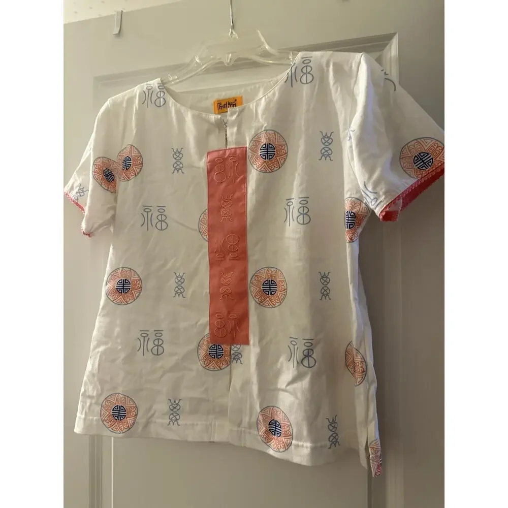 Asian Shirt Small Size White Blue And Pink